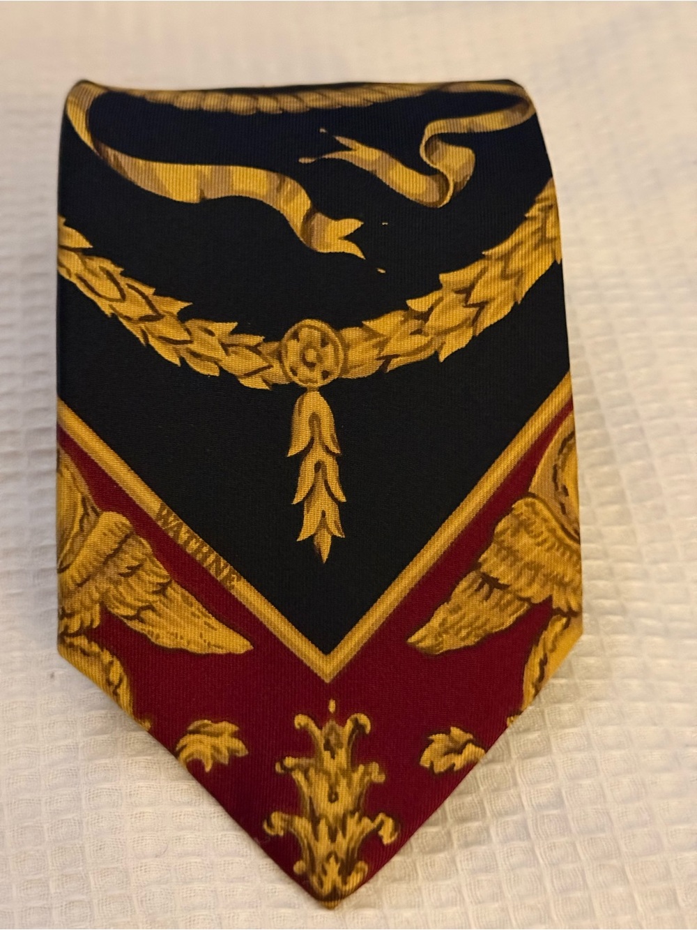 Vintage Wathne Black Silk Tie with Gold Medallion and Burgundy Accents